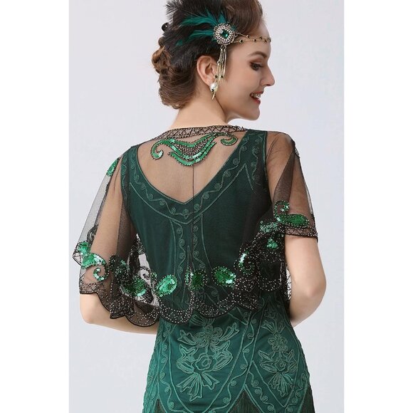 🆕 Women Green Sequin Beaded Evening Cape Bridal Shawl Bolero Flapper Cover Up - Picture 4 of 6